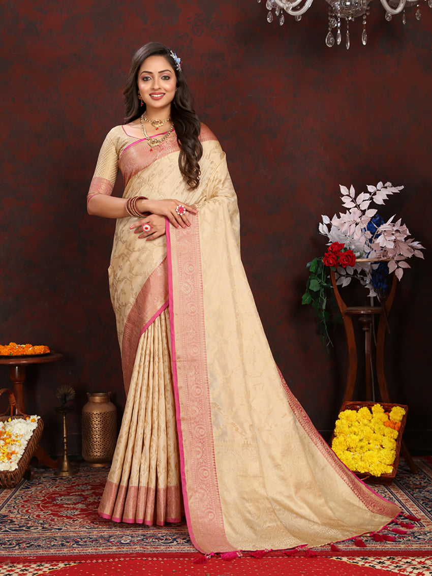 Lorenvalley Fashion Cream Soft Katan Silk Woven Design Zari Weaving Pallu Saree - Swadesiicart