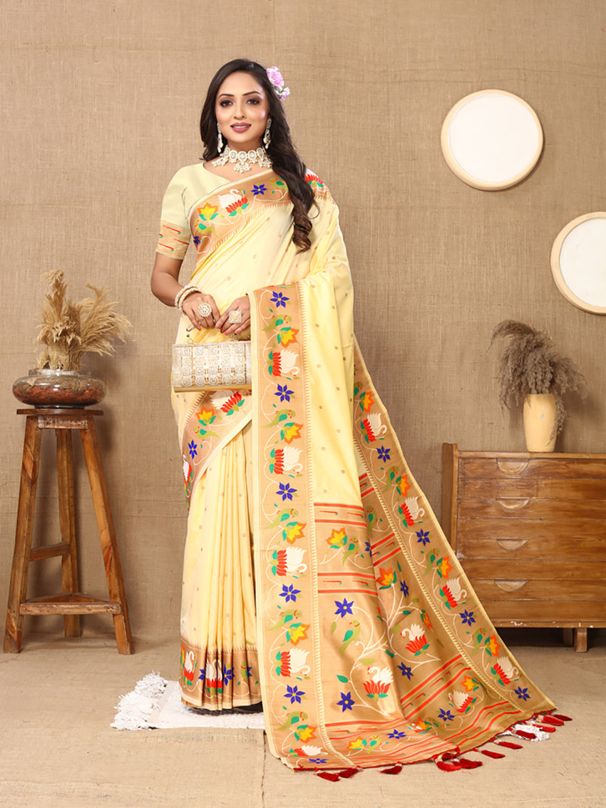 Lorenvalley Fashion Cream Soft Paithani Silk Woven Design Rich Zari Meenakari Weaving Saree - Swadesiicart
