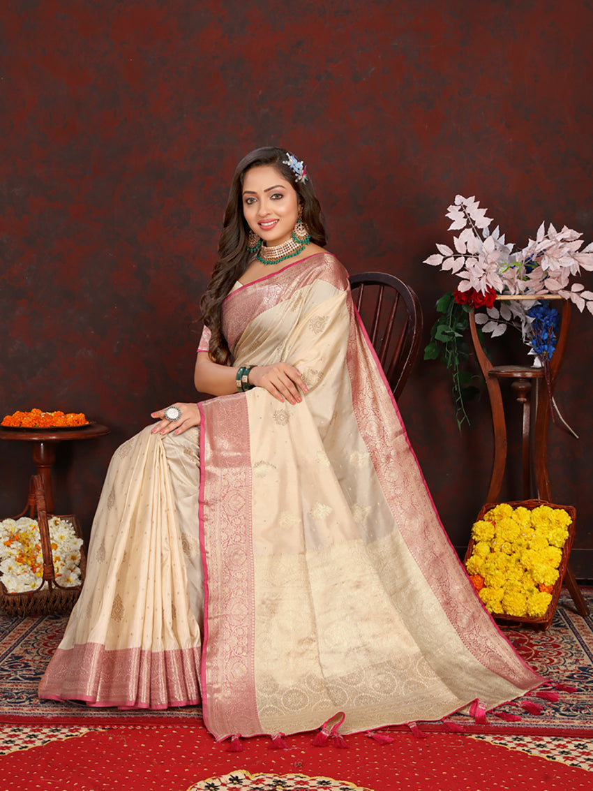 Lorenvalley Fashion Cream Soft Katan Silk Woven Design Zari Weaving Pallu Saree - Swadesiicart