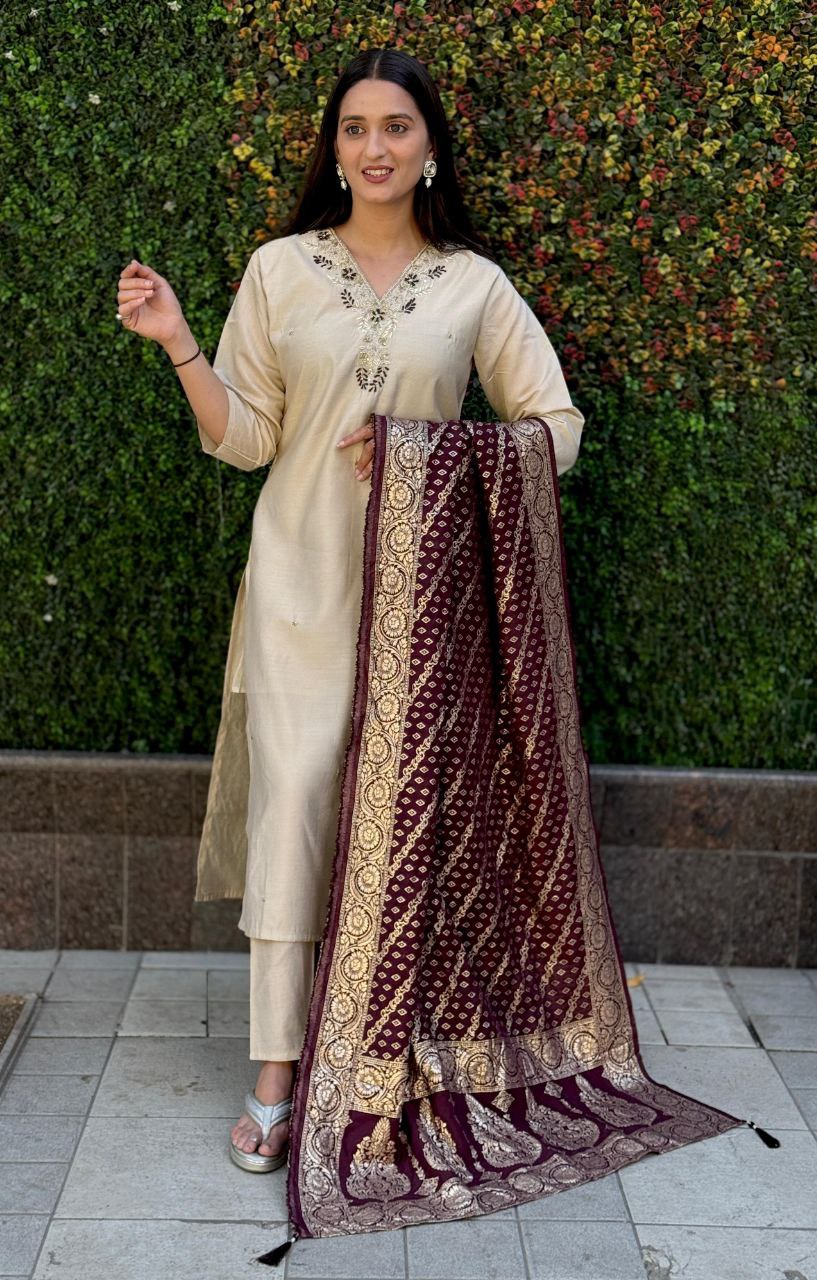 Lorenvalley Fashion Cream Roman Silk Hand Work Kurta Pant with Dupatta - Swadesiicart