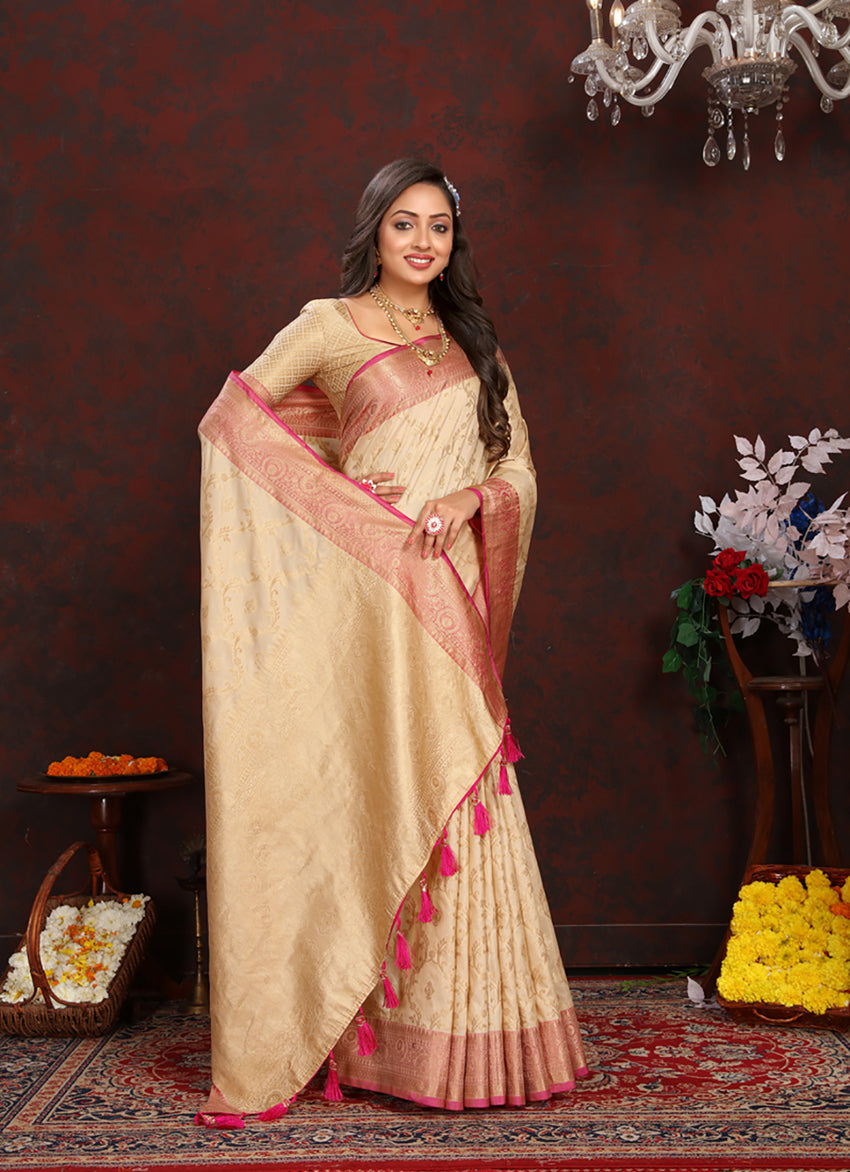 Lorenvalley Fashion Cream Soft Katan Silk Woven Design Zari Weaving Pallu Saree - Swadesiicart