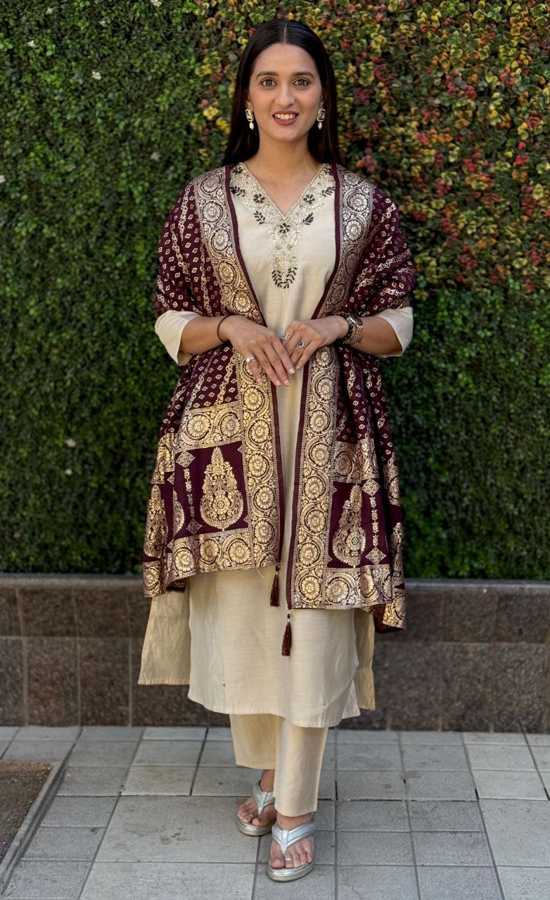 Lorenvalley Fashion Cream Roman Silk Hand Work Kurta Pant with Dupatta - Swadesiicart