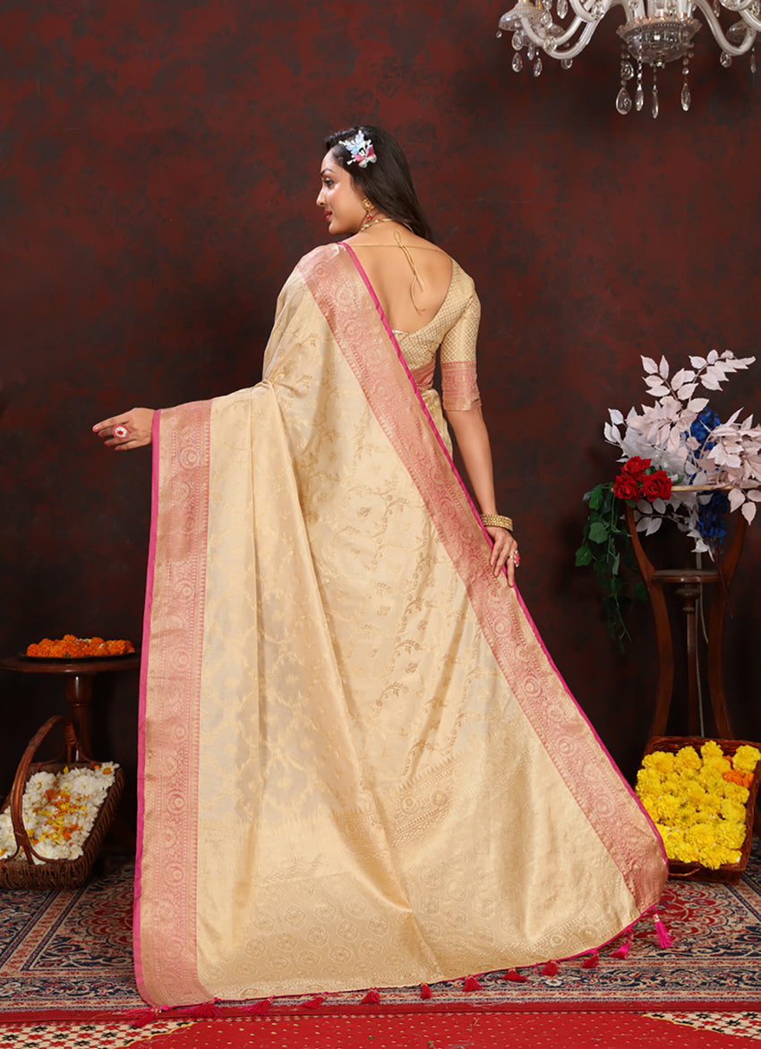 Lorenvalley Fashion Cream Soft Katan Silk Woven Design Zari Weaving Pallu Saree - Swadesiicart