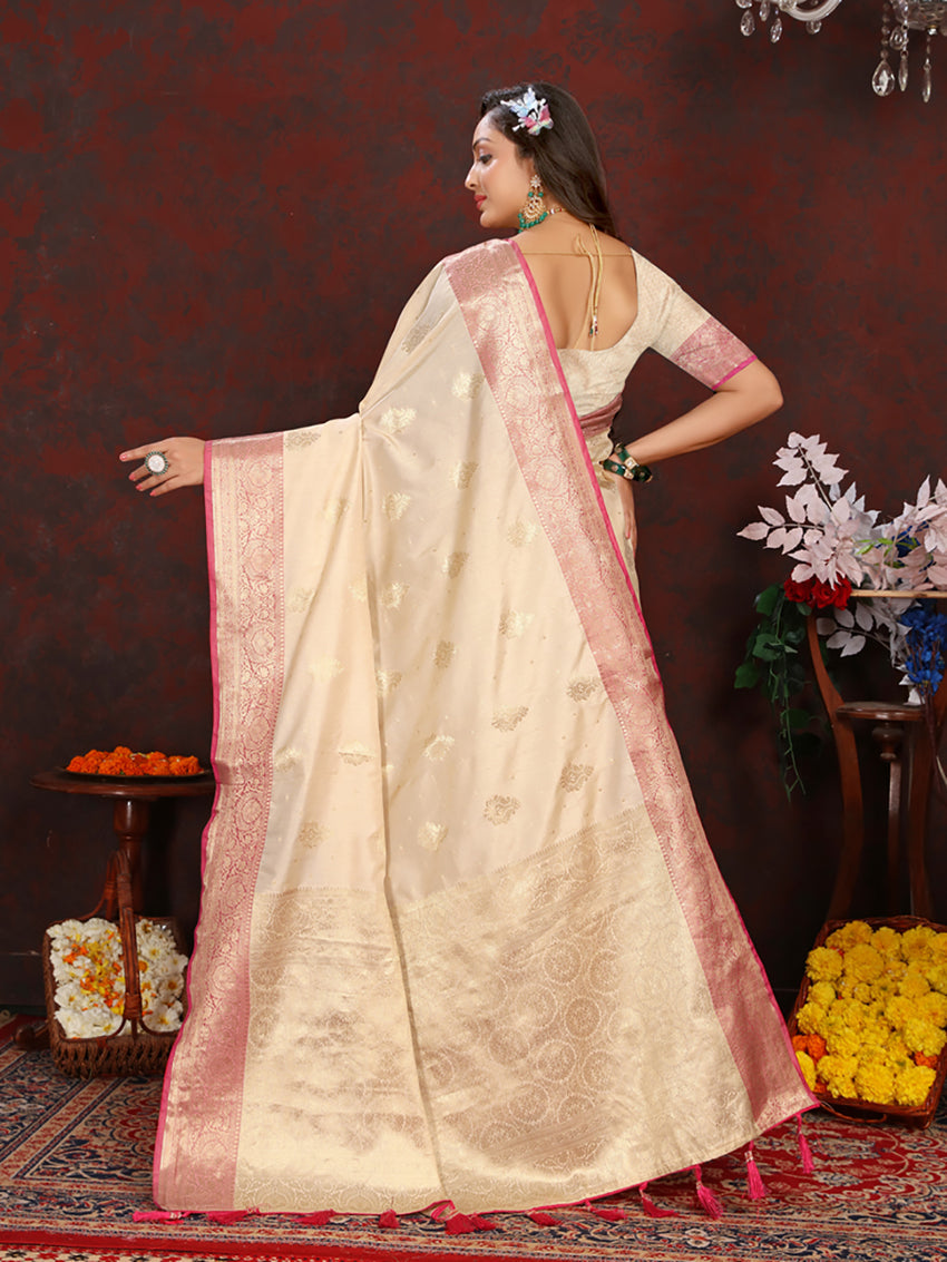 Lorenvalley Fashion Cream Soft Katan Silk Woven Design Zari Weaving Pallu Saree - Swadesiicart
