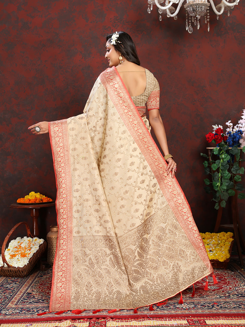 Lorenvalley Fashion Cream Soft Katan Silk Woven Design Rich Zari Weaving Pallu Saree - Swadesiicart