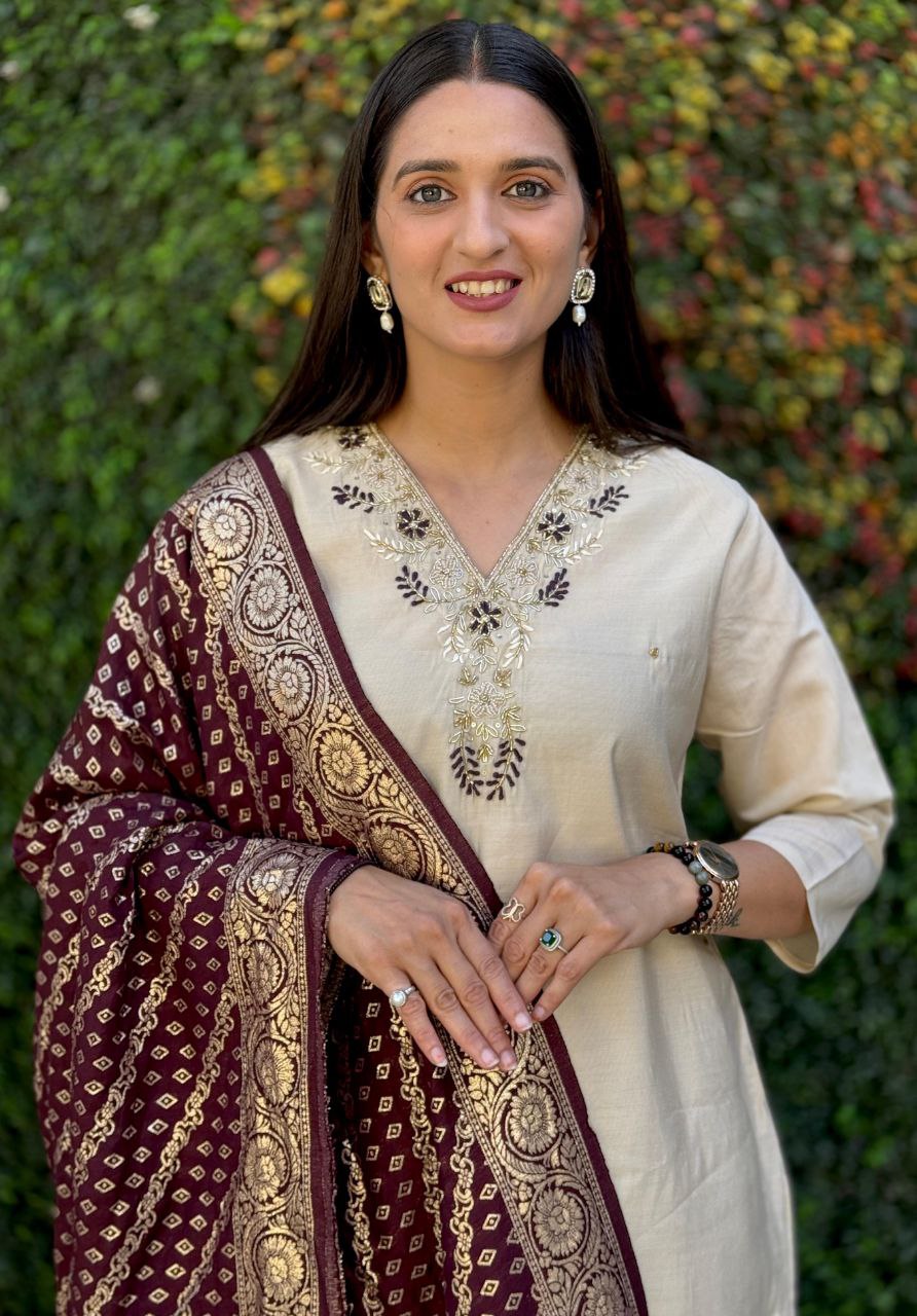 Lorenvalley Fashion Cream Roman Silk Hand Work Kurta Pant with Dupatta - Swadesiicart