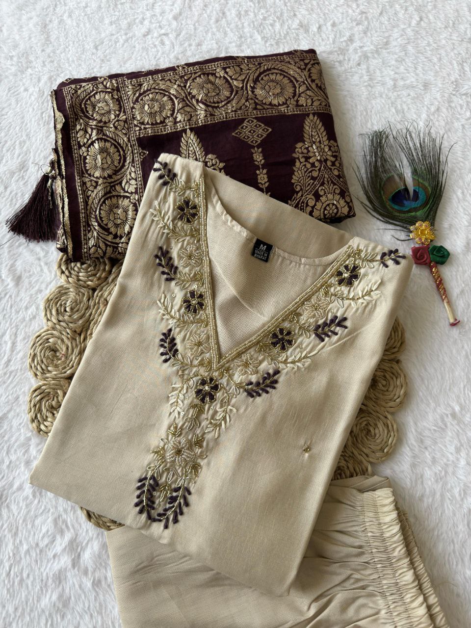 Lorenvalley Fashion Cream Roman Silk Hand Work Kurta Pant with Dupatta - Swadesiicart