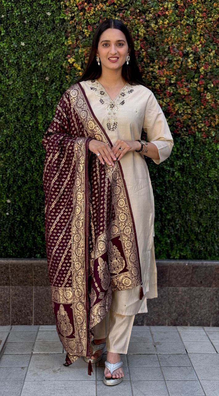 Lorenvalley Fashion Cream Roman Silk Hand Work Kurta Pant with Dupatta - Swadesiicart
