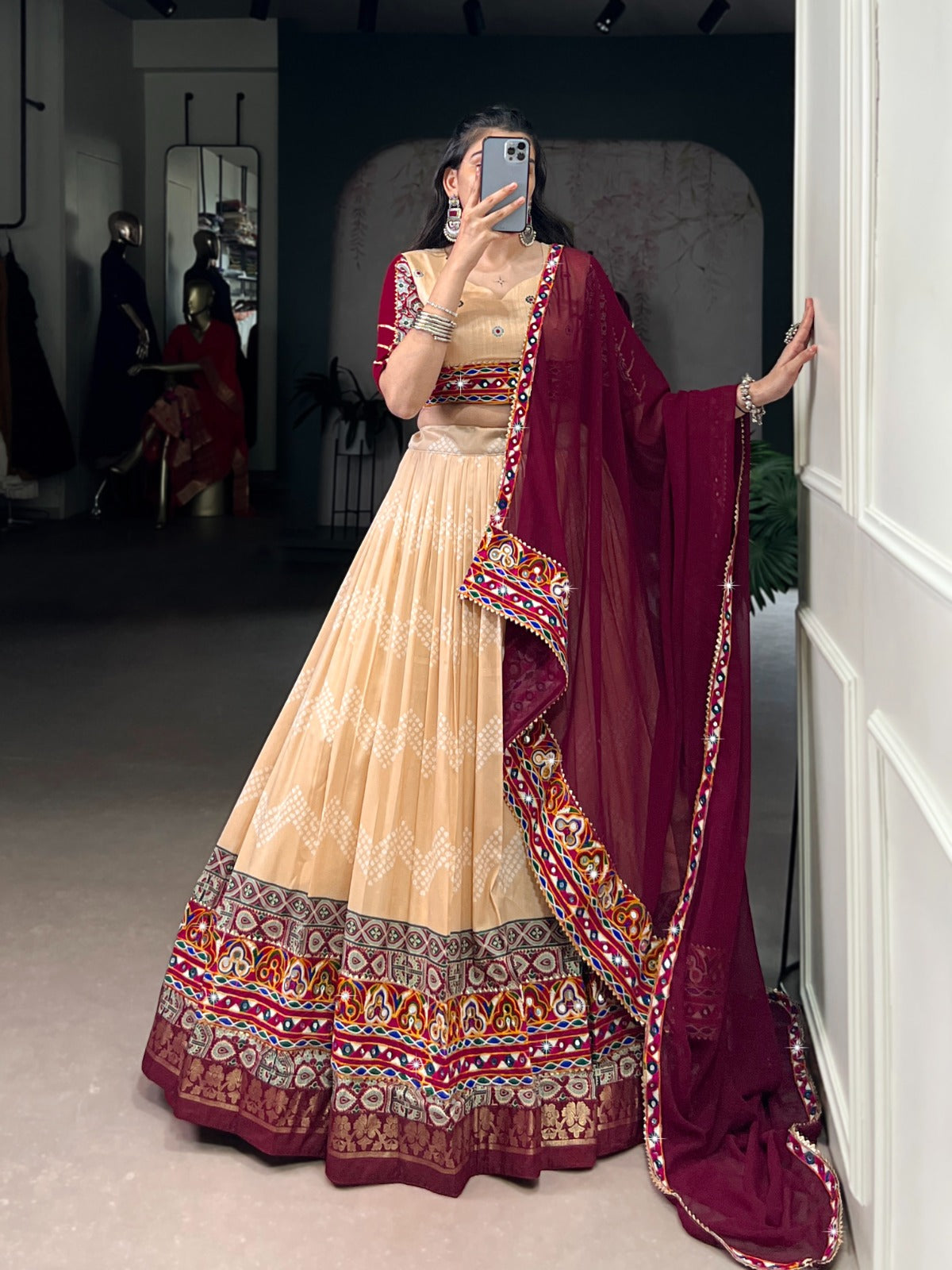 Lorenvalley Fashion Cream Tasar Silk Print with Foil Work and Real Mirror Gamthi Work with Lace Touch Up Lehenga Choli with Dupatta | Swadesiicart