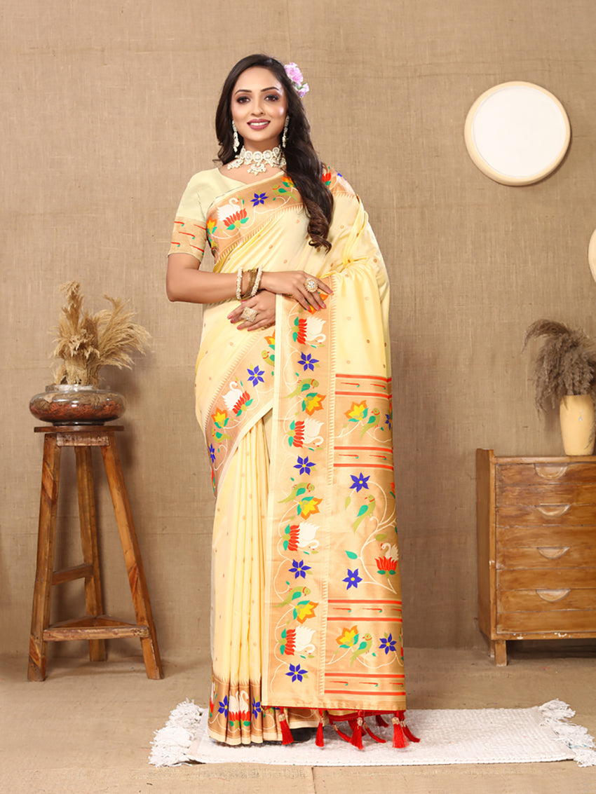 Lorenvalley Fashion Cream Soft Paithani Silk Woven Design Rich Zari Meenakari Weaving Saree - Swadesiicart