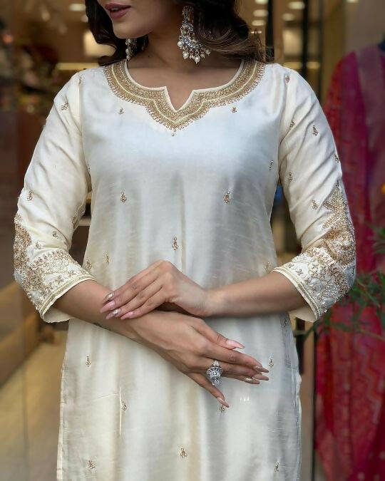 The52 White Beautiful Embroidered Viscose Chanderi Fabric Straight Kurta Pant with Dupatta Set - Swadesiicart