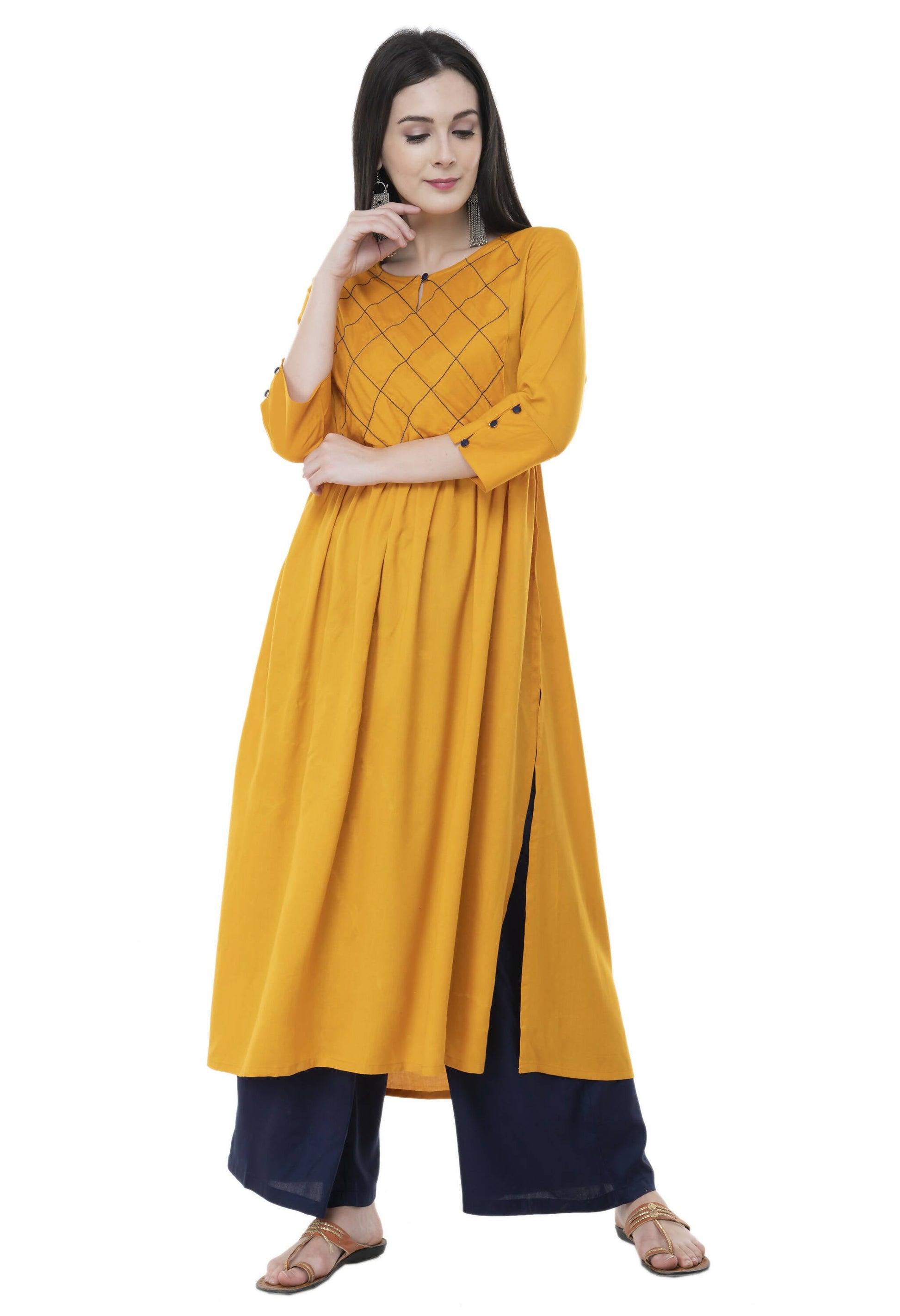 Women's Mustard Thread Work Emb Kurti With Side Slits - G & A Apparels | Swadesiicart