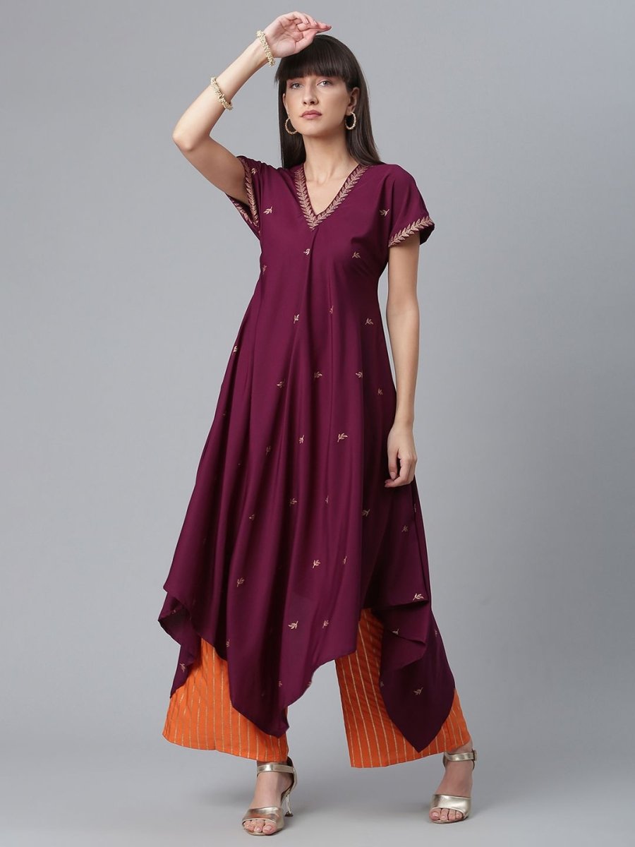 Ahalyaa Women Wine Crepe Glitter Print Kimono Style Kurta With Palazzo | Swadesiicart
