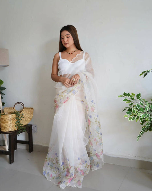 Vamsee White Organza Saree - Swadesiicart