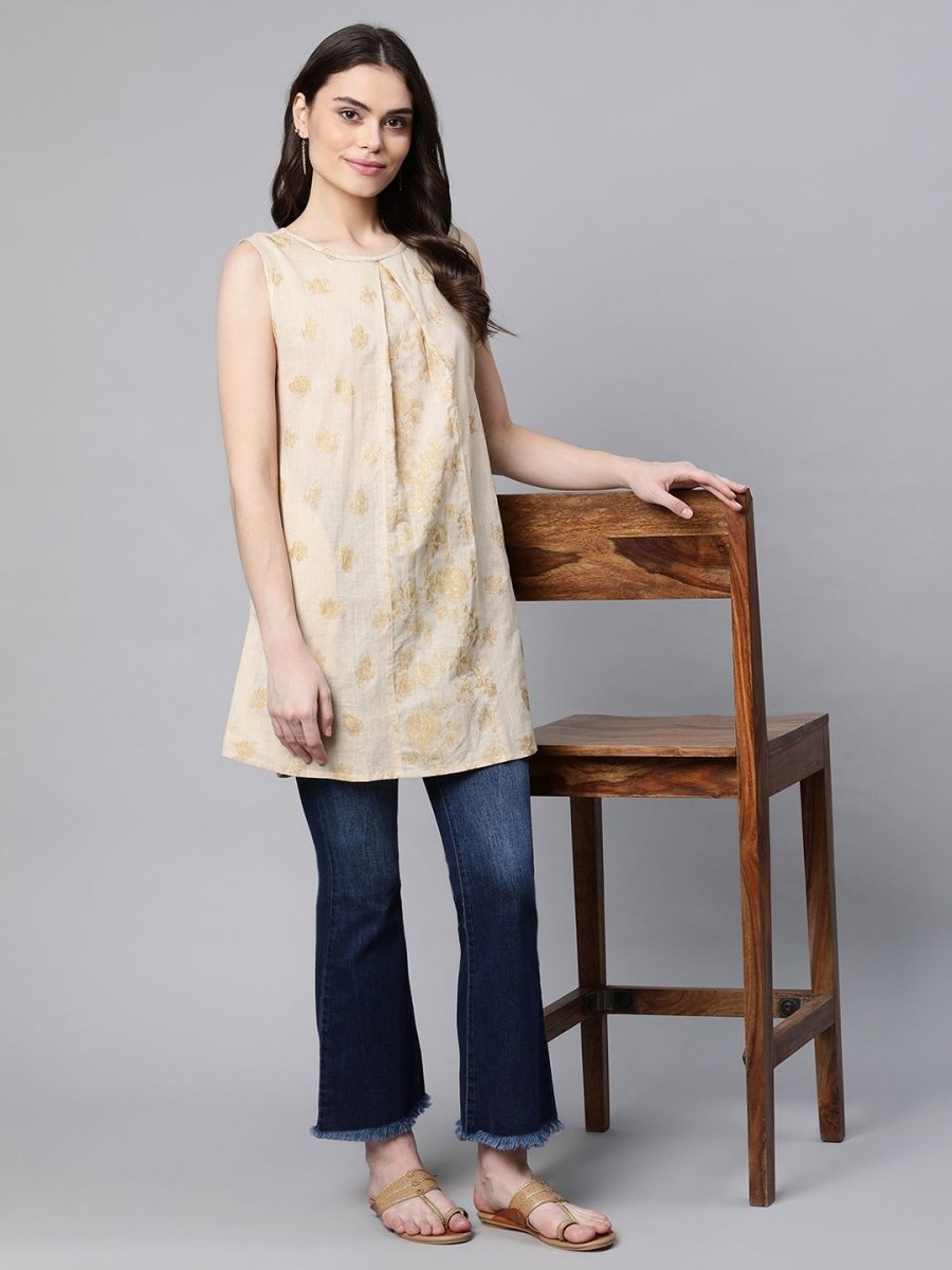Ahalyaa Women Beige Pure Cotton Floral Printed Tunic | Swadesiicart