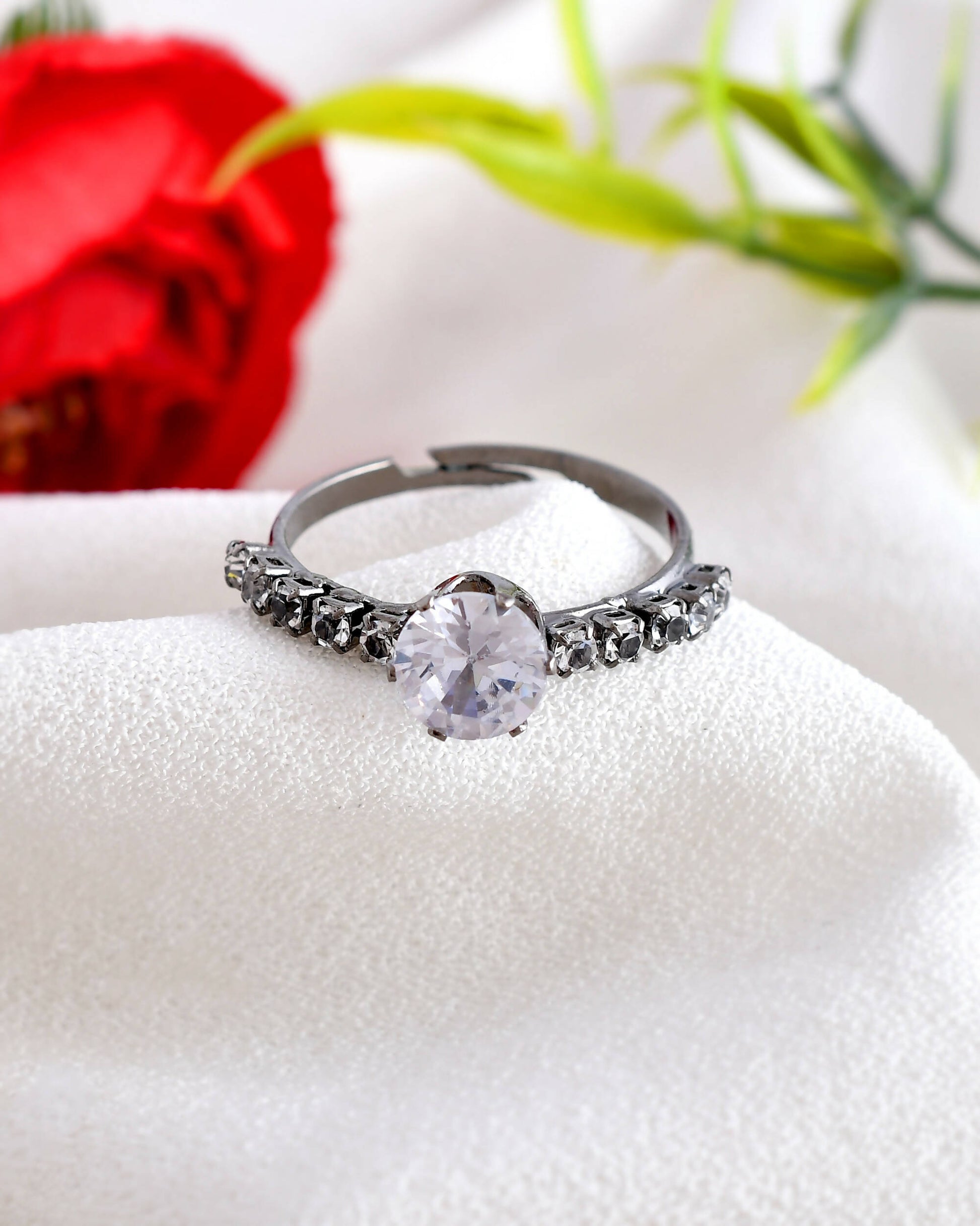 VOJ white CZ-detail Stainless Steel Cubic Zirconia Rhodium Plated Adjustable Finger Ring | Swadesiicart