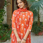 The52 Orange Women's Beautiful Cotton Blend Fabric Printed Work Straight Kurta, Pant and Dupatta Set - Swadesiicart