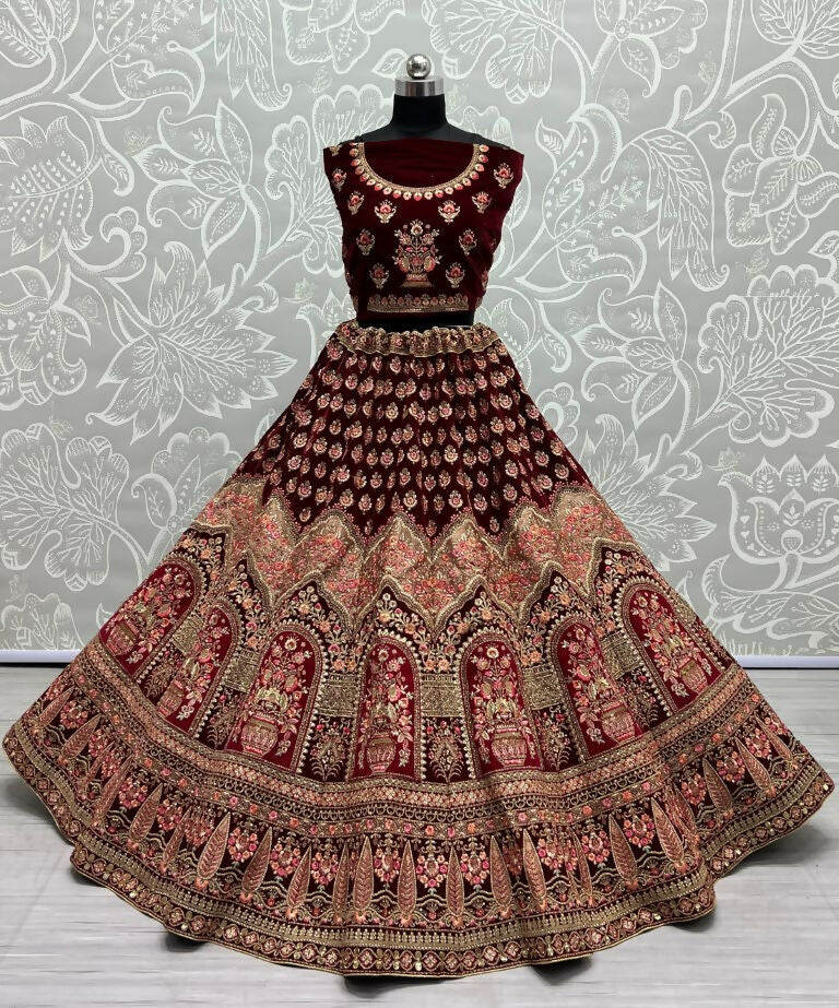 Jyoti Fashion Women's Maroon Velvet Multi Thread Embroidered with Zircon Diamond Wedding Lehenga Choli | Swadesiicart
