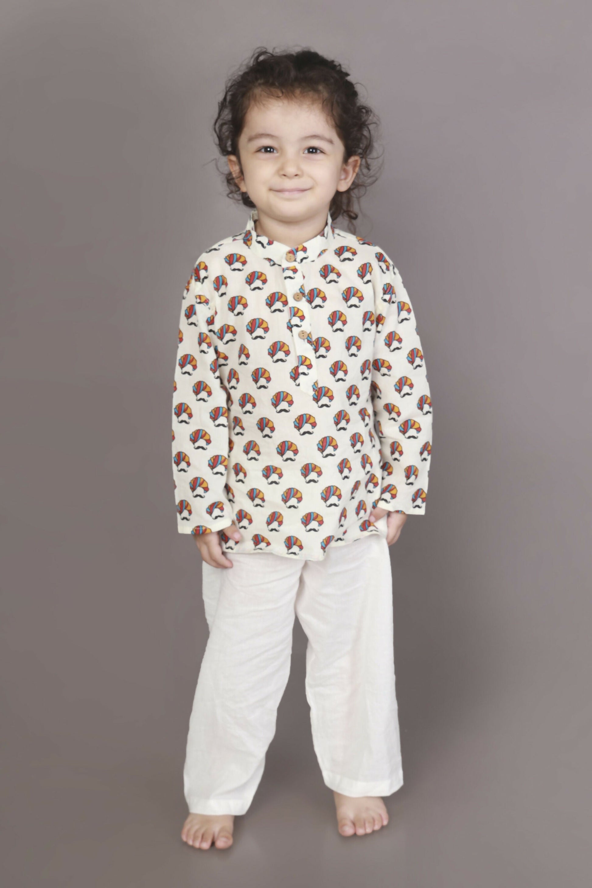 Breathables Kids Cotton Night Suit – White Turban Print Kurta & Pyjama Co-Ord Set For Boys & Girls