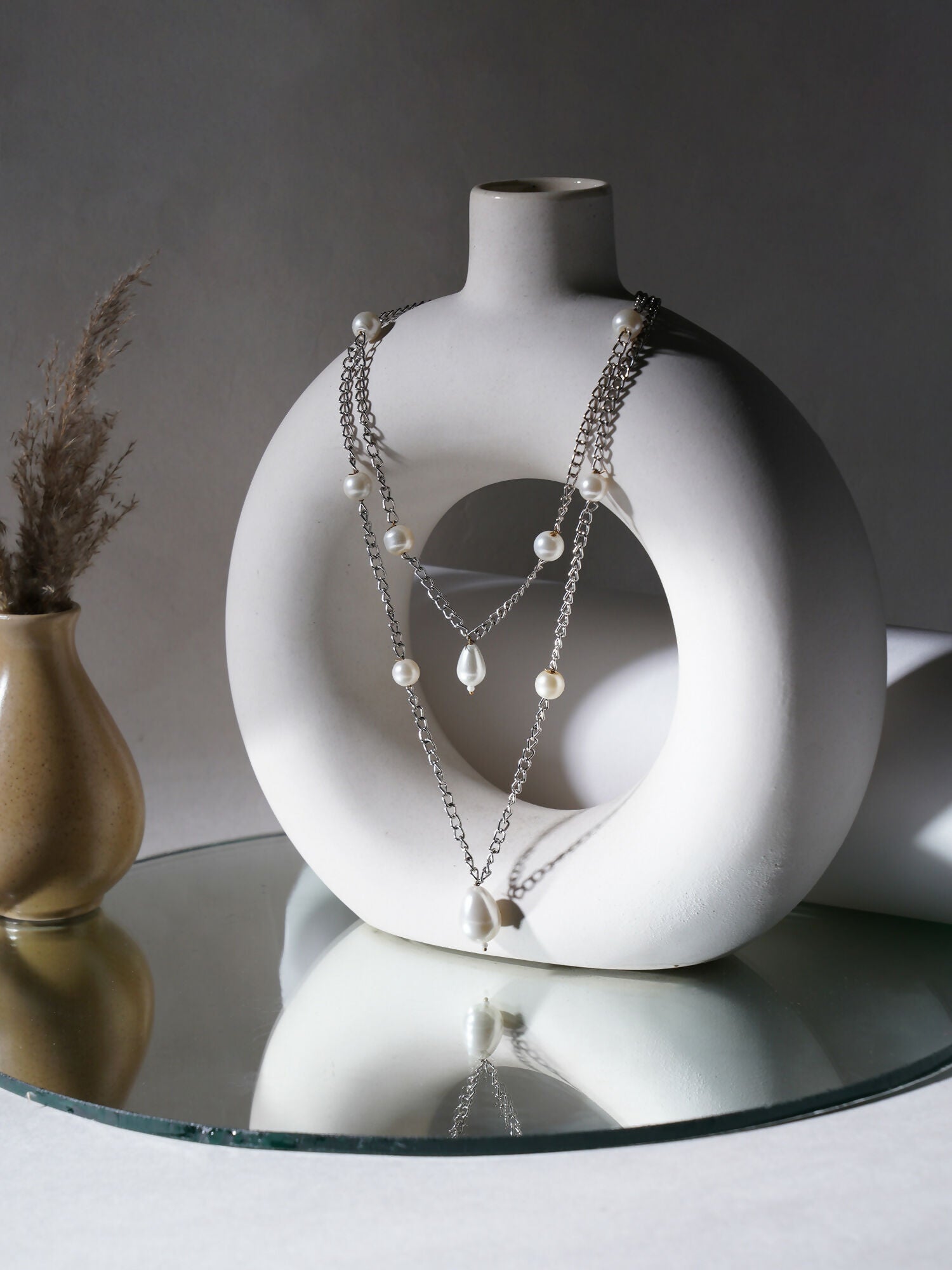 Layered Pearl and Silver Neckpiece (silver) - Ruby Raang | Swadesiicart