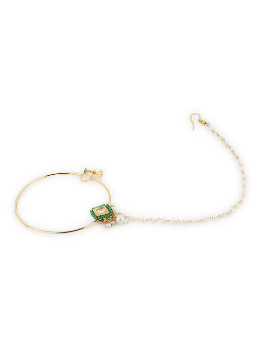 Gold-Polished Green White Kundan Studded Beaded Chained Nosepin - Ruby Raang | Swadesiicart