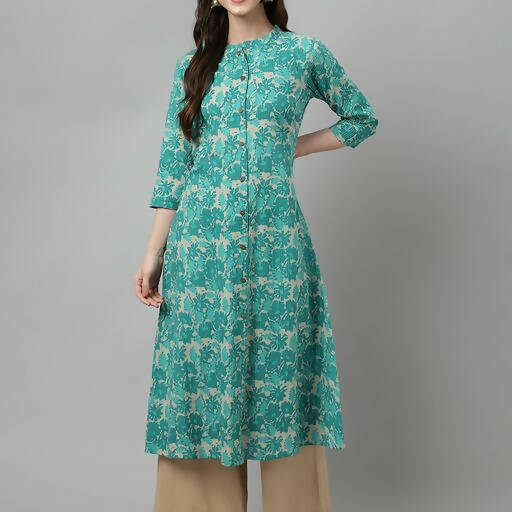FIORRA Women's Floral Printed Teal Green Pure Cotton Straight Kurta - Swadesiicart