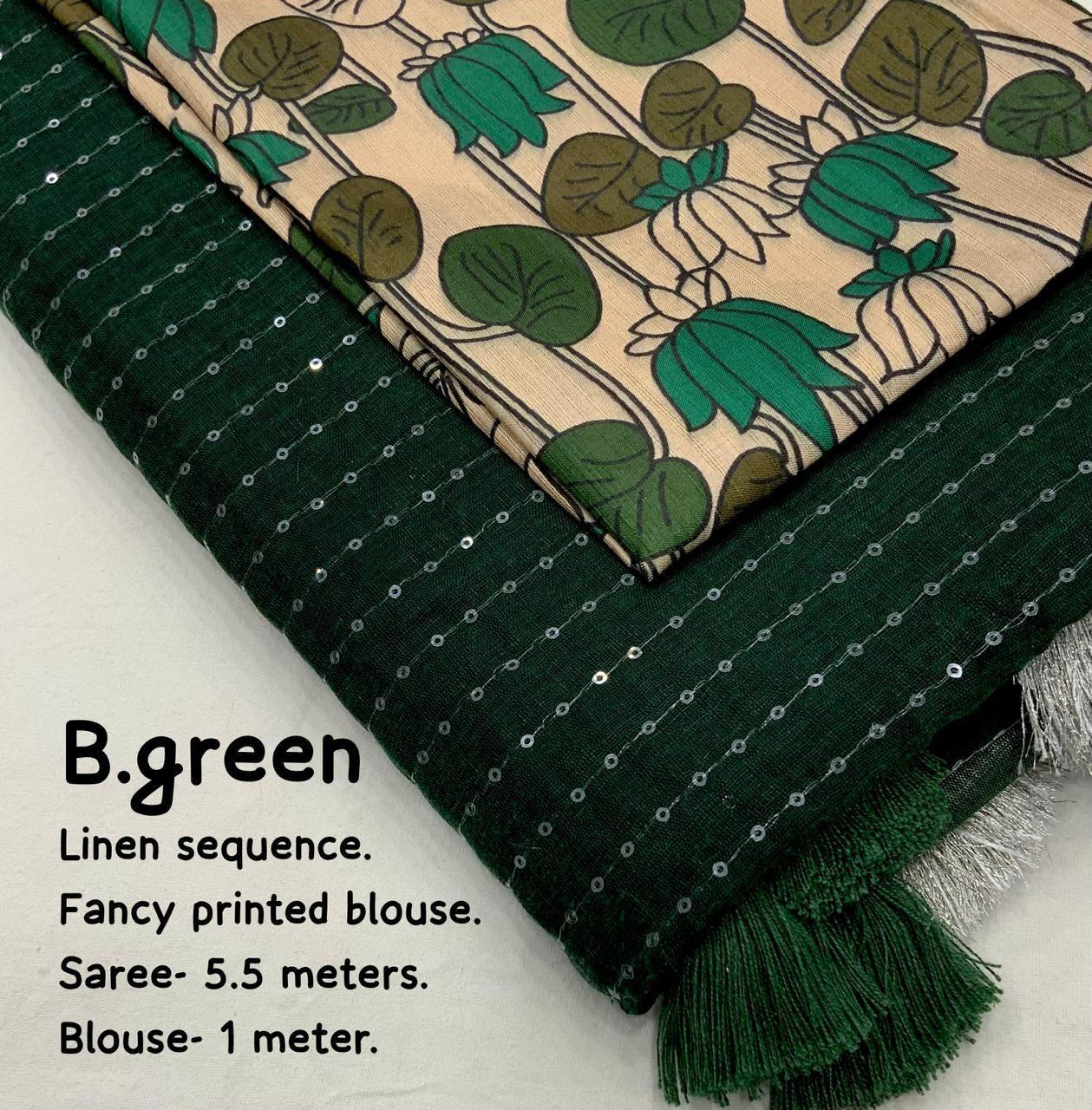 Green Linen Sequence Saree with Unstitched Blouse - Hiral Fashion | Swadesiicart