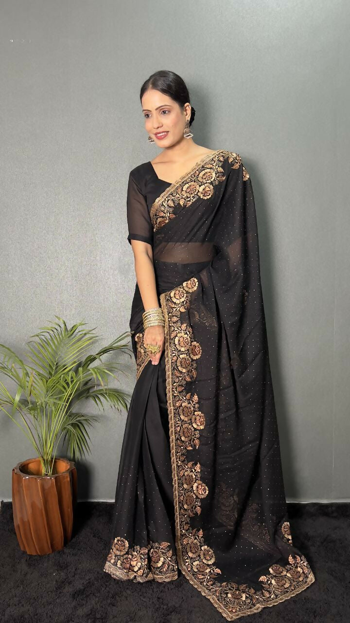 Vastranavya Black Rangoli Silk Zari work with DMC Swarovski work Ready to Wear Saree | Swadesiicart