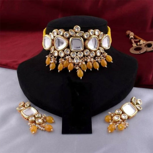 Joban Fashion Yellow kundan work Necklace Set | Swadesiicart