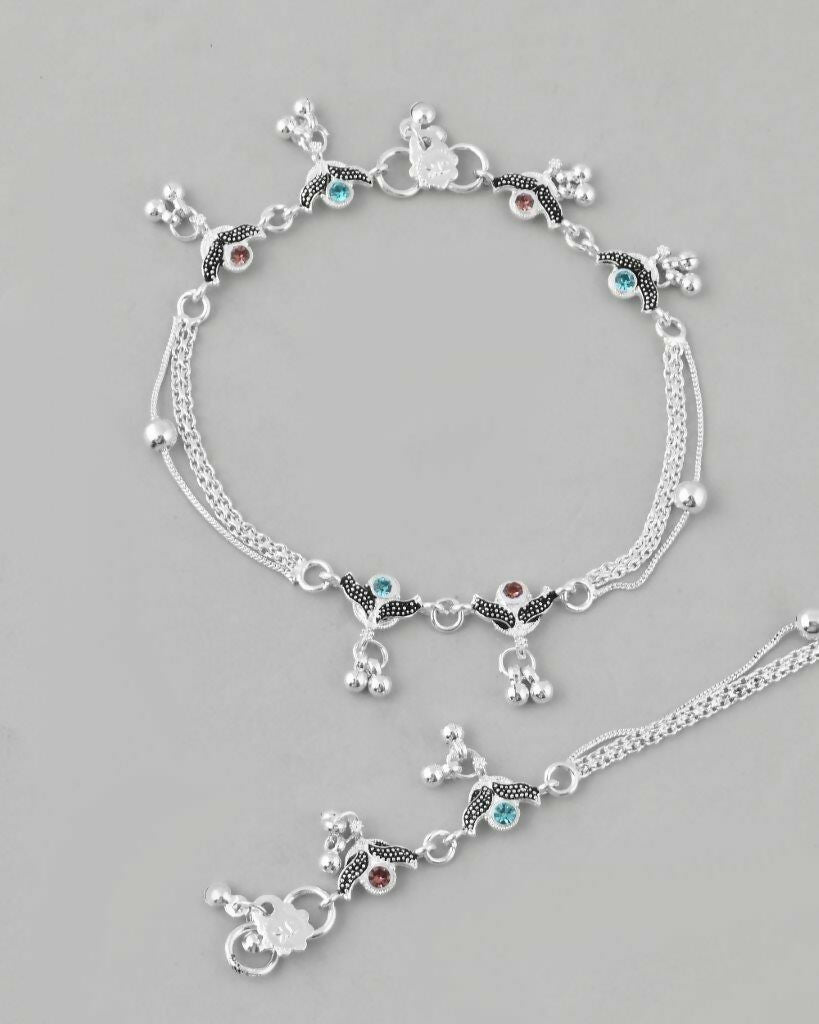VOJ Set of 2 Designer Mutli Color Stone Studded Anklet - Swadesiicart