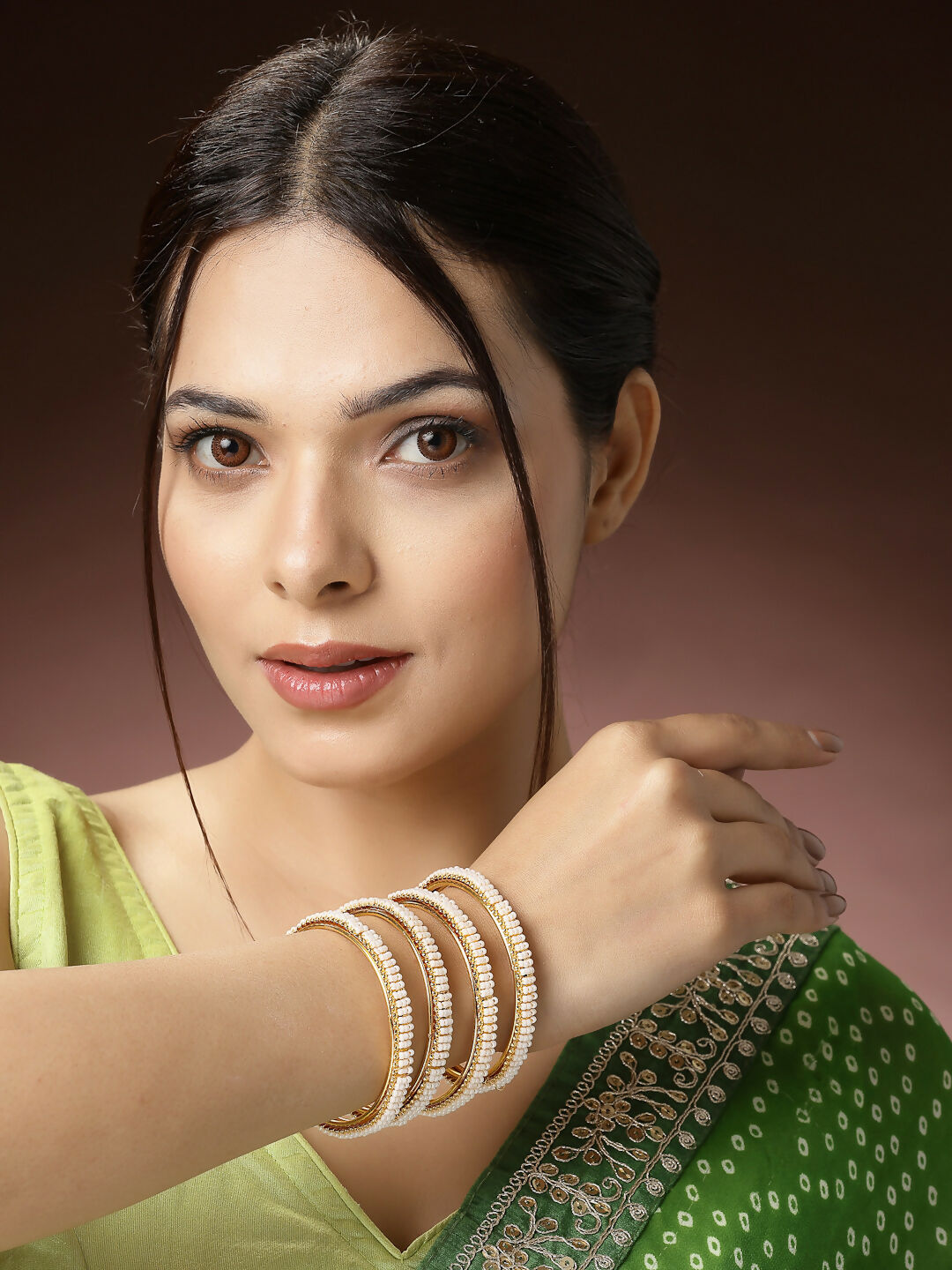 NVR Women's Set of 4 Gold-Polished Pearl Handcrafted Traditional Bangles - Swadesiicart