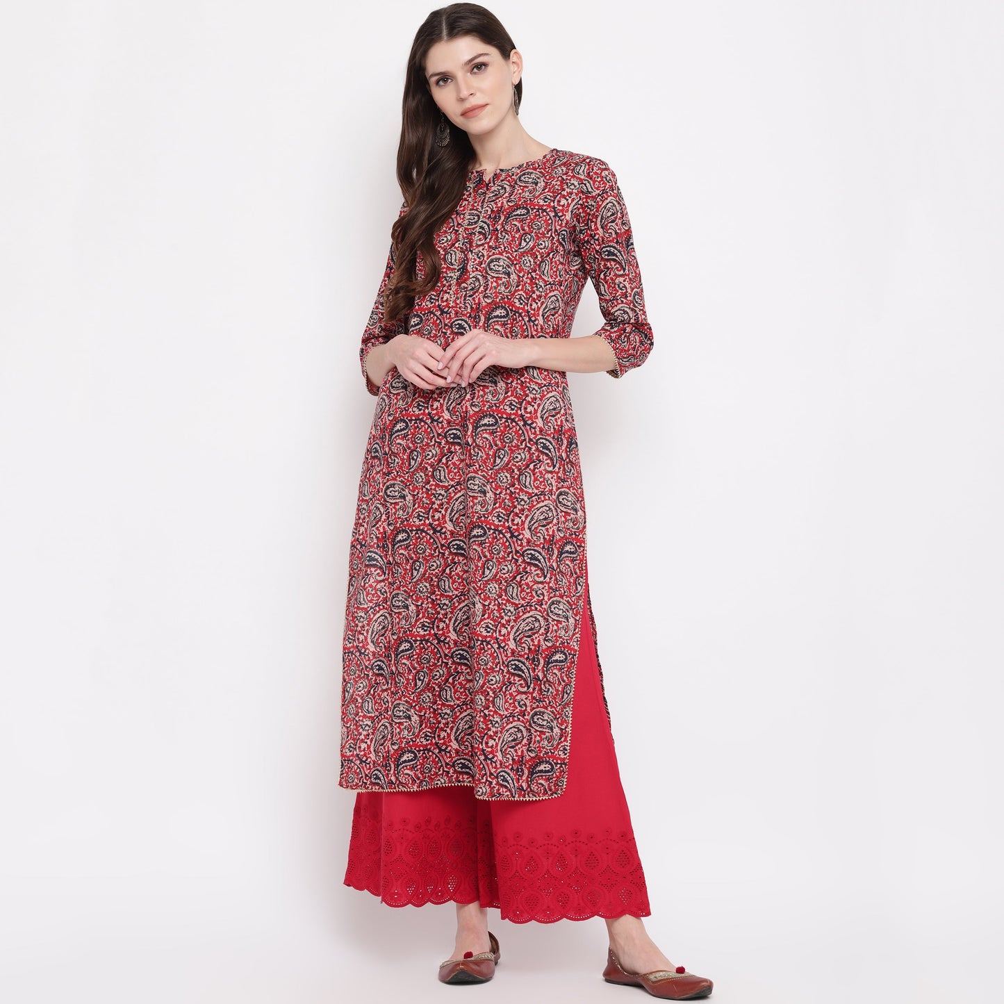 NOZ2TOZ Women's Red Kalamkari Print Cotton Kurta- (1pc set) - Swadesiicart