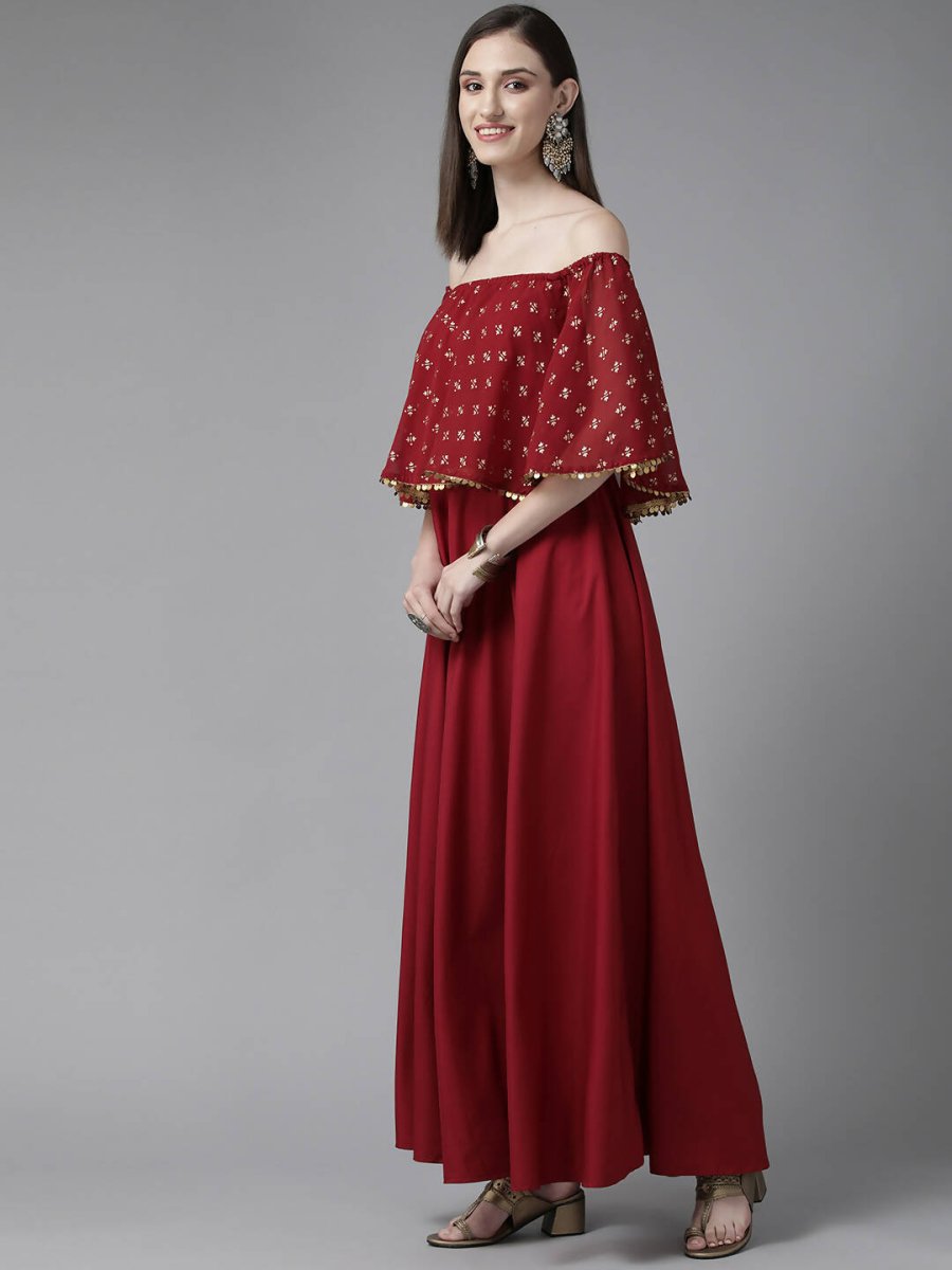 Ahalyaa Womens Maroon Cotton Blend Gold Printed Dress | Swadesiicart