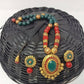 Terracotta Boho Style Long Necklace Set With Studs-Dark Green,Red And Gold