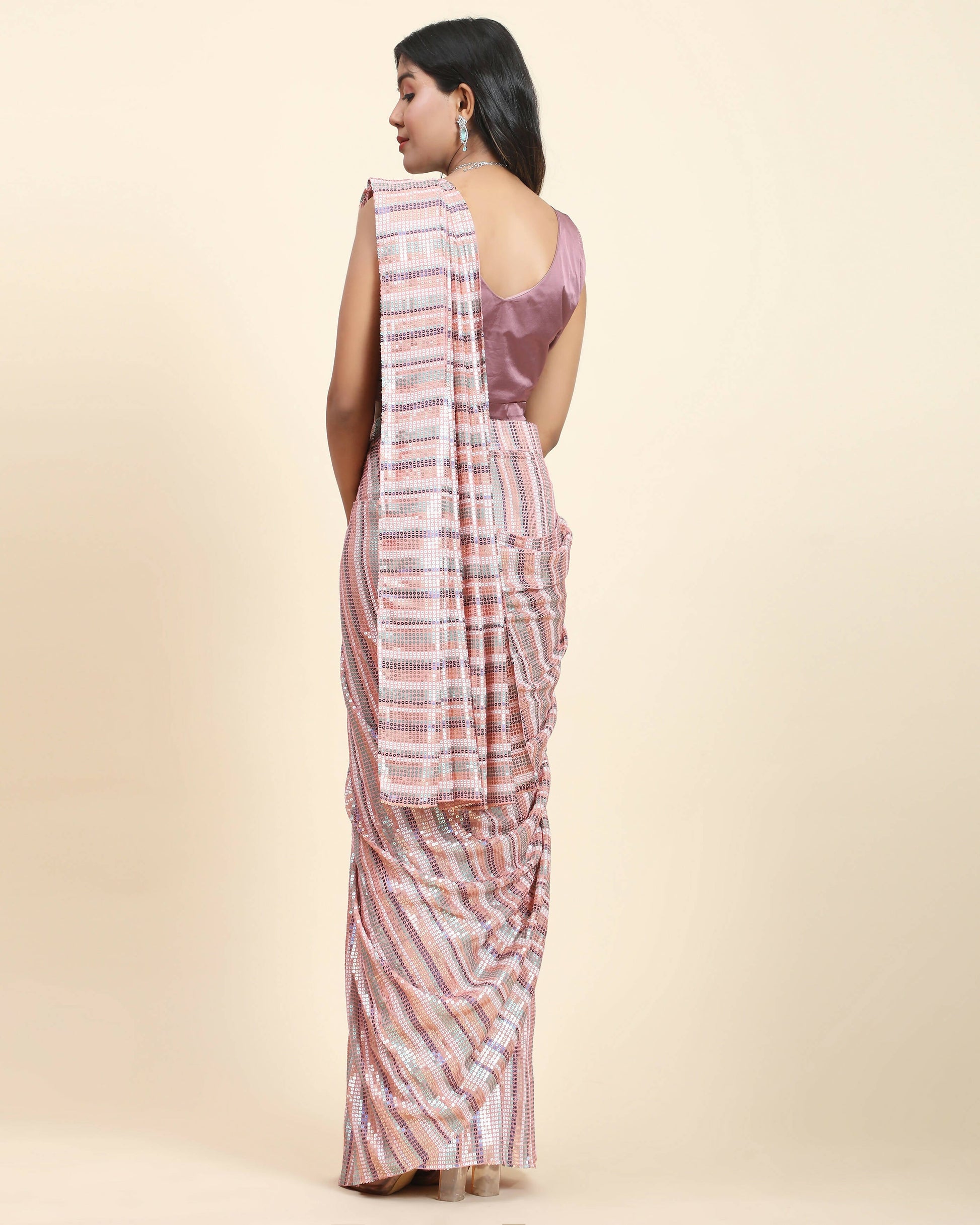 Pink Pure Georgette Sequence work Ready to wear Saree with stitched Blouse - Satiksha | Swadesiicart
