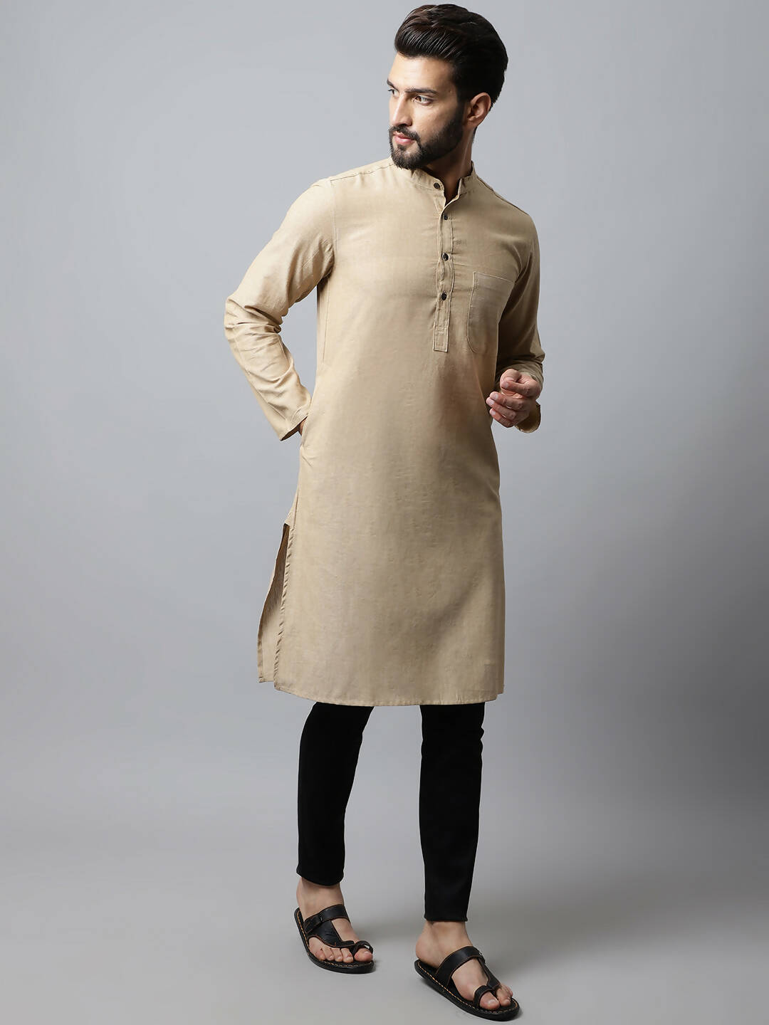 Even Apparels Beige Color Pure Cotton Men's Kurta With Band Collar (SLD1196) | Swadesiicart