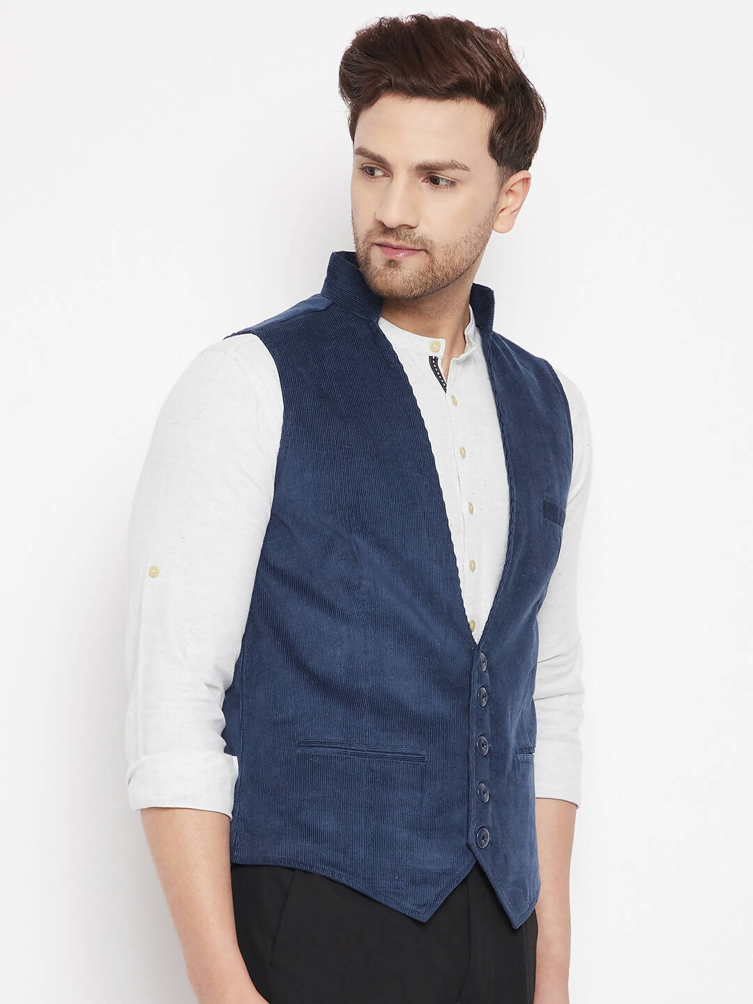 Even Apparels Blue Merino Men Woven Nehru Jacket | Swadesiicart