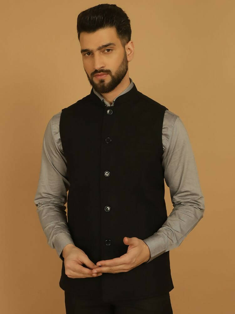 Even Apparels Pure Wool Nehru Jacket - Black | Swadesiicart