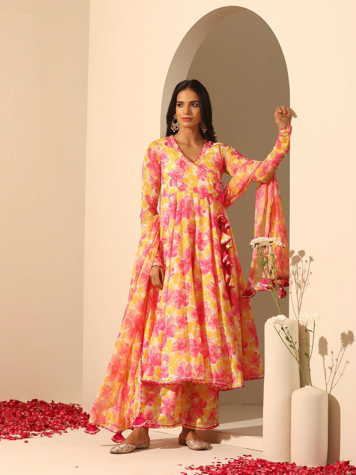 Pomcha Jaipur Yellow Gul Rangrez Angrakha Set | Swadesiicart