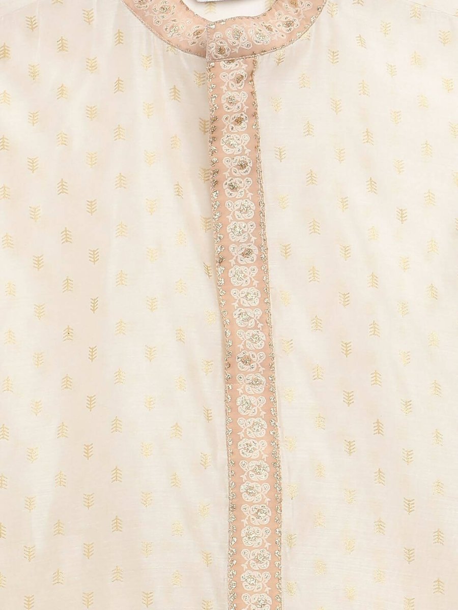 Ahalyaa Cream Chanderi Gold Print Kids Kurta Churidar Set For Boys | Swadesiicart