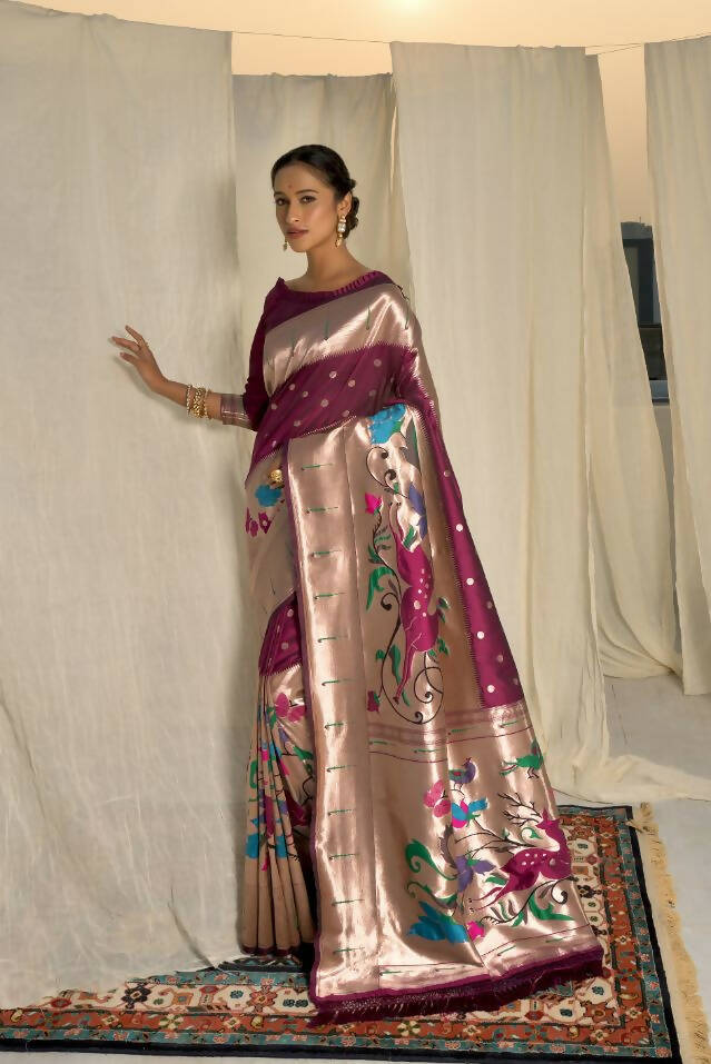 Vishnu Weaves Women's Wine Paithani Silk Zari Woven Saree with Unstitched Blouse - Swadesiicart