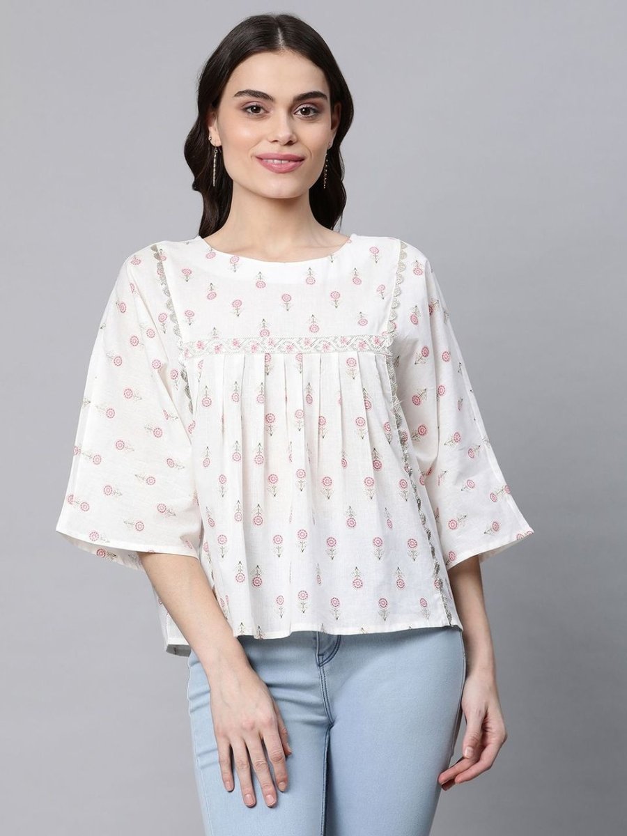 Ahalyaa Off White Pure Cotton Floral Printed Tunic | Swadesiicart