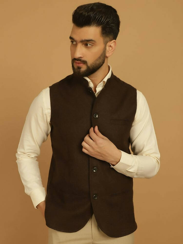 Even Apparels Pure Wool Nehru Jacket - Brown | Swadesiicart