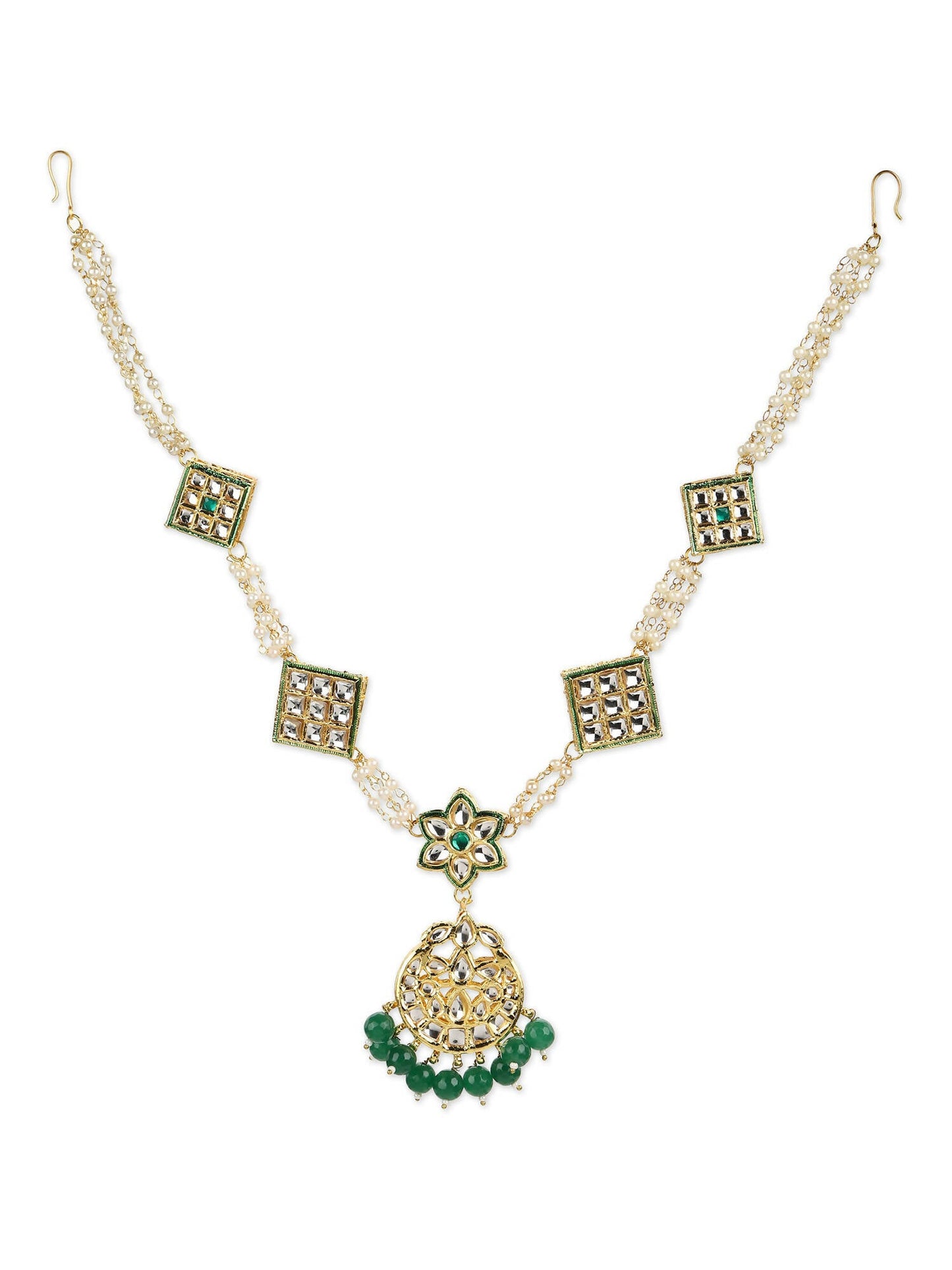 Gold-Polished White Green Kundan-Studded Pearl Beaded Matha Patti - Ruby Raang | Swadesiicart