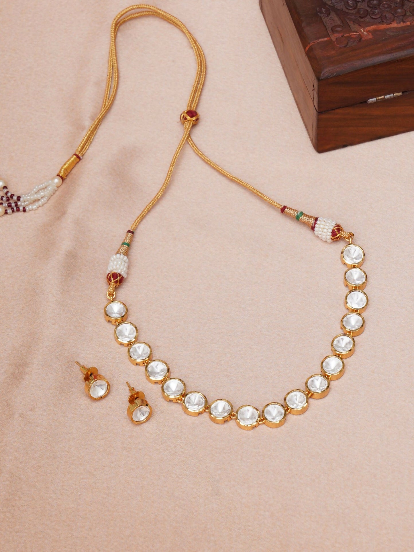 Kundan Choker with Studs Jewellery Set (Gold) - Ruby Raang - Swadesiicart