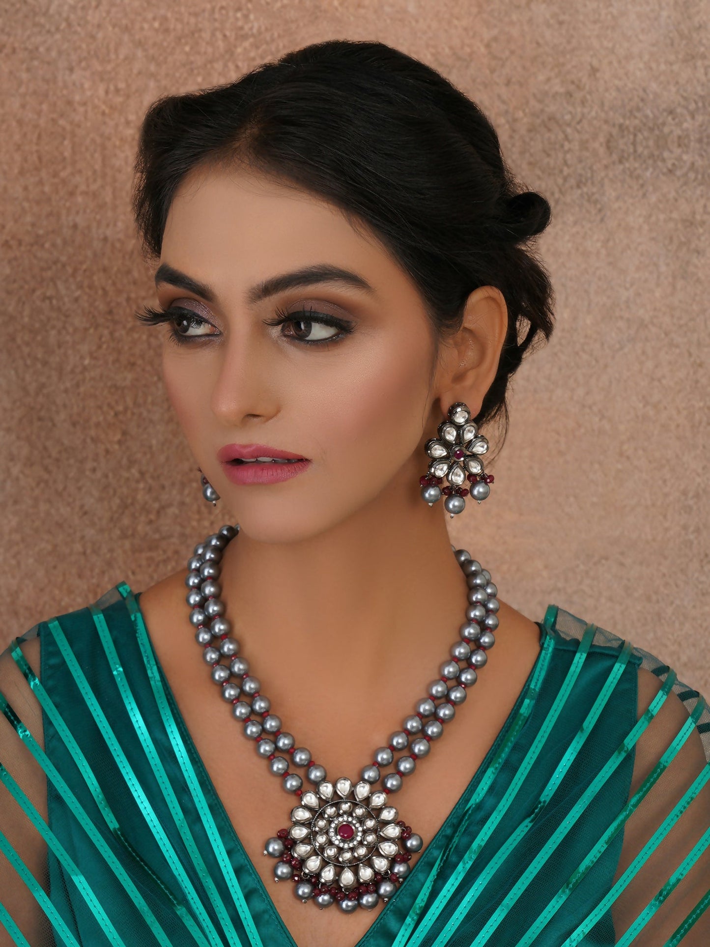 Long Kundan Neckpiece with Earrings with Multi Stones Jewellery Set (Grey) - Ruby Raang - Ruby Raang Studio