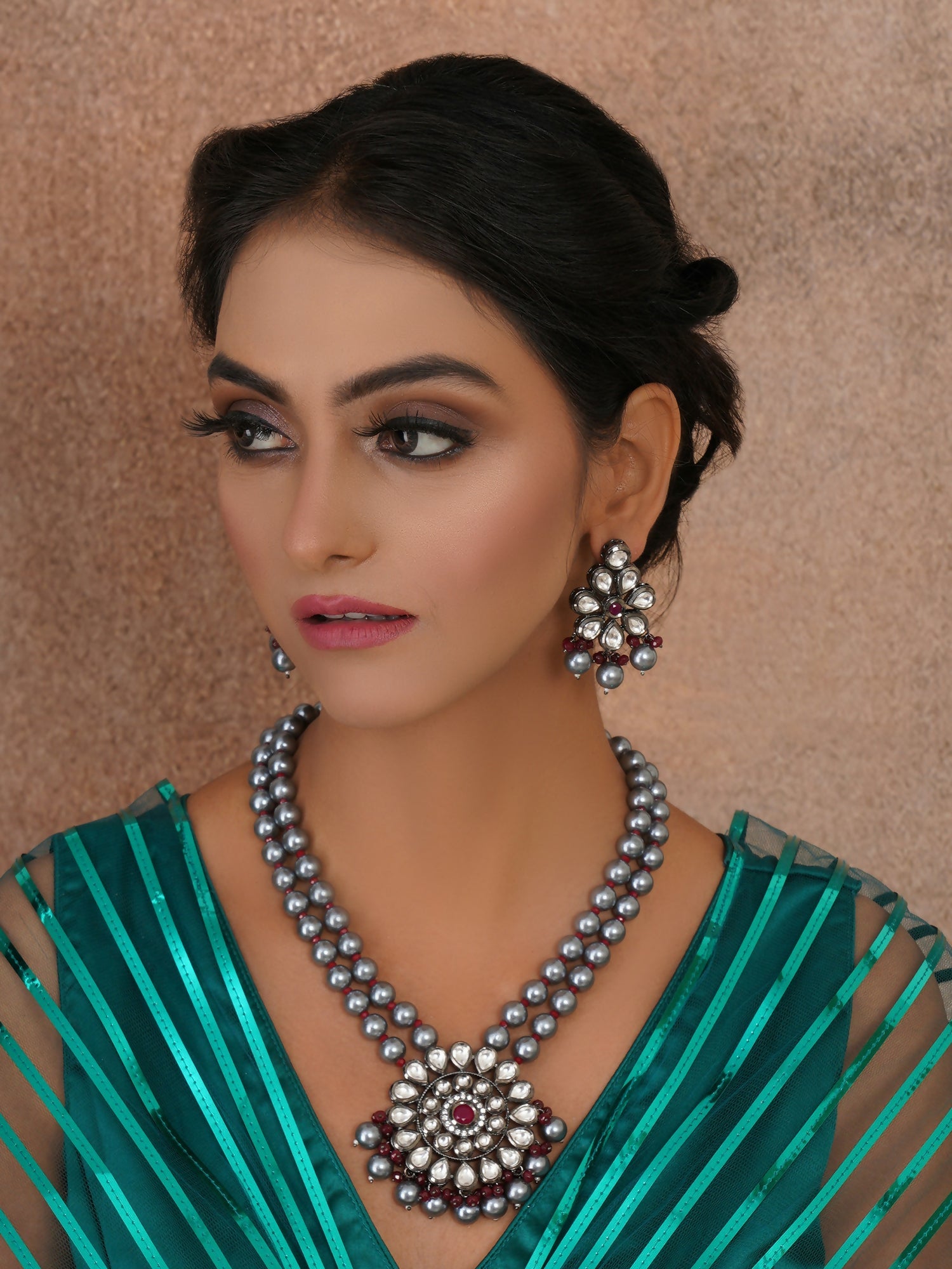 Long Kundan Neckpiece with Earrings with Multi Stones Jewellery Set (Grey) - Ruby Raang - Ruby Raang Studio