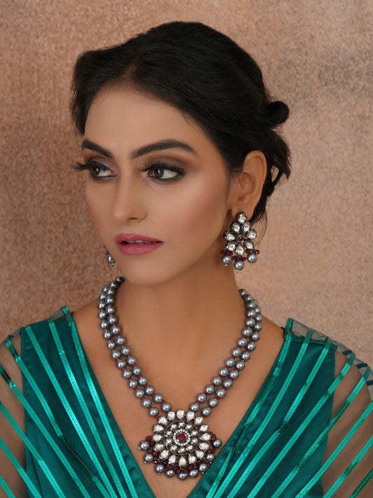 Long Kundan Neckpiece with Earrings with Multi Stones Jewellery Set (Grey) - Ruby Raang - Ruby Raang Studio