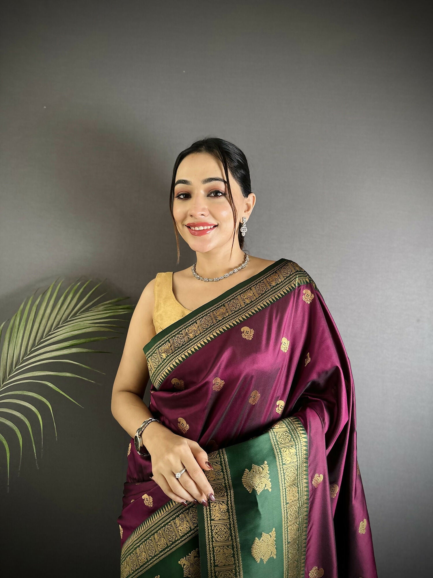 Joban Fashion Wine Banarasi Soft Silk Woven Butti Saree | Swadesiicart