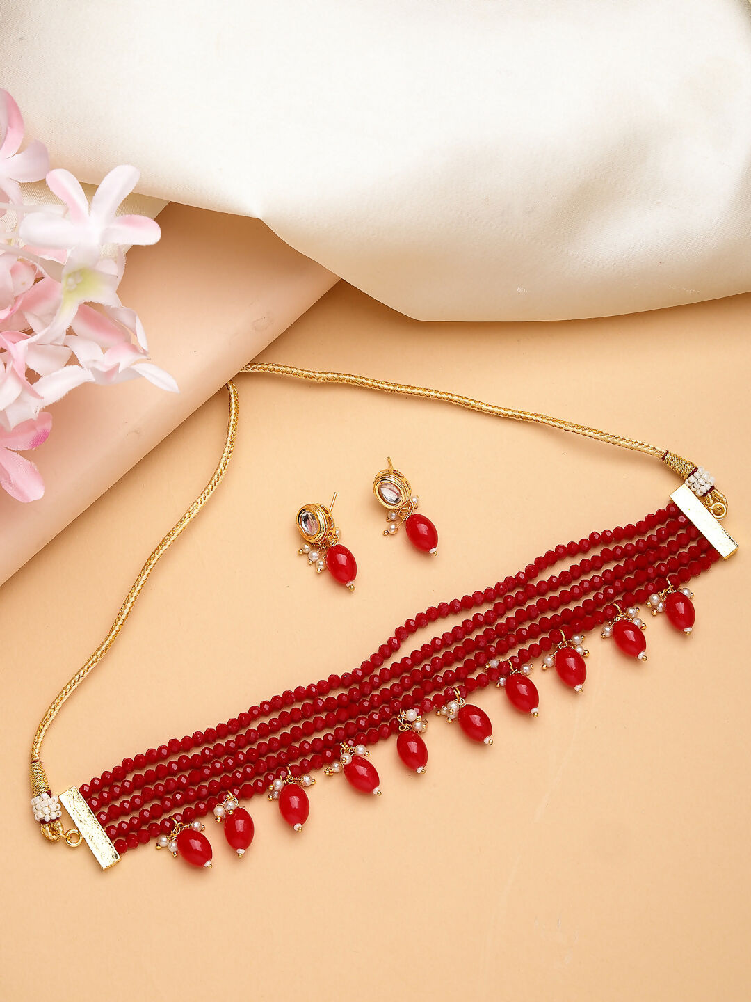 NVR Women's Red Artificial Beads Layered Necklace with Drop Earring - Swadesiicart